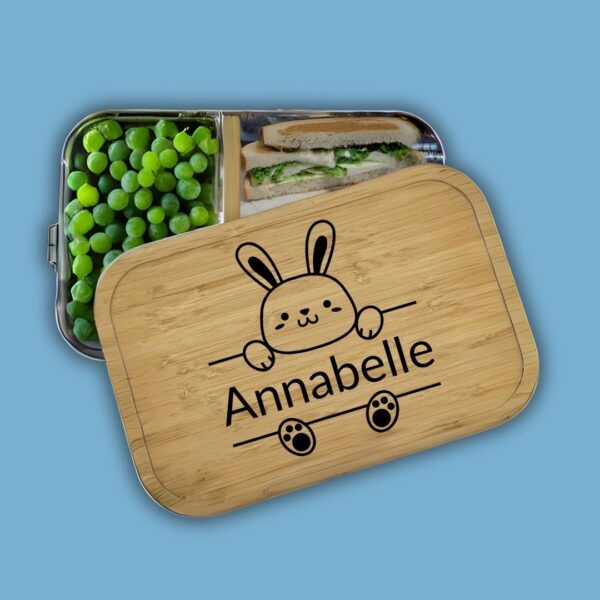 Brotdose Edelstahl und Bambusdeckel Hase